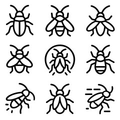 Nine Stylized Insect Icons Depicting Various Bugs and Beetles in Bold Lines.