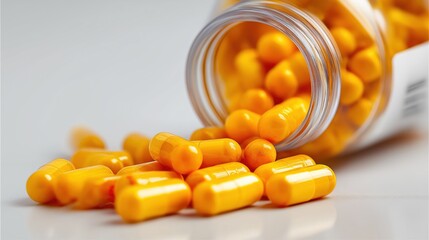 Bottle of turmeric capsules supplements spilled on white background