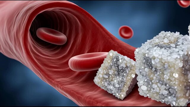 Futuristic artistic representation of diabetes symptom, blood vessel blocked with multicolored crystalline sugar cubes symbolizing glucose buildup