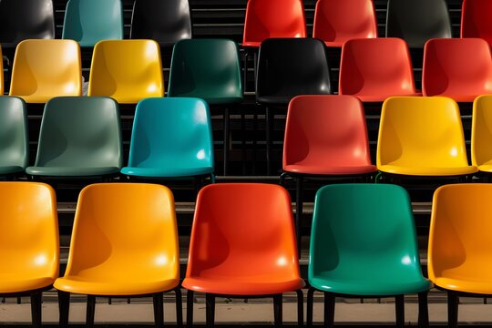 Rows of colorful empty stadium seats in a sports arena
