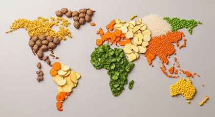 Colorful world map created with various food ingredients, showcasing vibrant vegetables, grains, and pasta, representing global cuisine and seasonal harvest themes