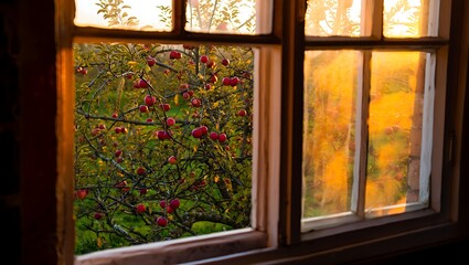 Golden hour light streams through old window panes onto lush greenery outside