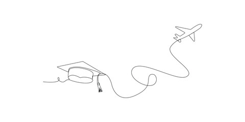 Graduation cap and airplane connected by single line isolated on the white background