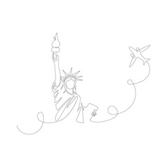 Statue of Liberty and airplane continuous line drawing isolated on the white background