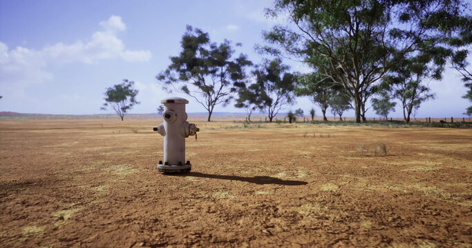 A fire hydrant stands alone in a vast dry landscape, surrounded by scattered trees and a sunlit open field. The scene captures the arid environment and the clear blue sky.