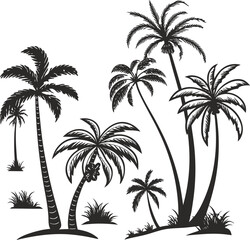 Black palm trees with coconuts and grass tropical silhouette