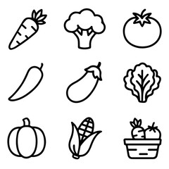 Outline Style Vegetable Assortment Carrot Broccoli Tomato Pepper Eggplant Lettuce Pumpkin Corn and Potted Vegetables.