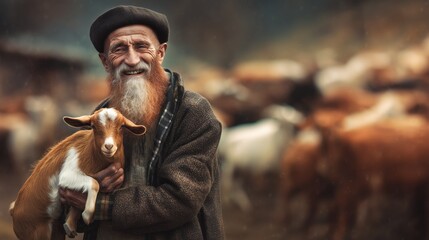 Obraz premium Smiling Old Shepherd Holding Goat in Rustic Countryside at Sunset