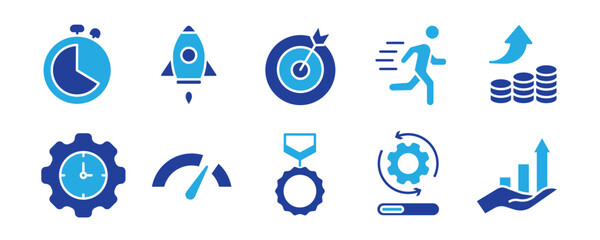 Fototapeta premium Progress line icon set. Growth, efficiency, moving forward, success, development, increasing the level of organization, productivity and more. Outline vector icon. eps 10