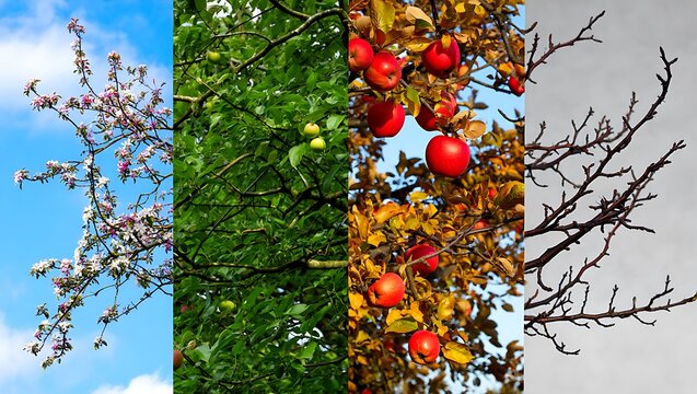 Four seasons collage showing spring summer autumn and winter apple tree cycle
