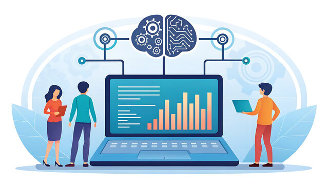 Diverse team collaborating on artificial intelligence and data analysis project with futuristic brain and laptop interface - Powered by Adobe