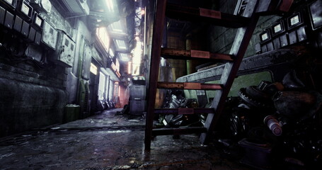 Naklejka premium A dimly lit alleyway features industrial structures with exposed pipes, debris scattered on the ground, and glowing lights reflecting off walls, evoking a dystopian atmosphere.