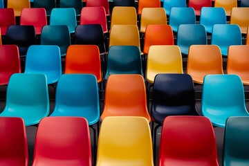 Fototapeta premium Colorful rows of empty stadium seats in a vibrant pattern
