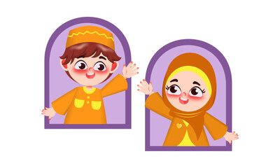 Two cartoon children, a boy and a girl, wearing traditional Islamic clothing and waving hello from within purple arched frames.