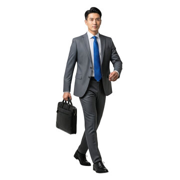 Professional man in suit carrying briefcase walking confidently isolated isolated on transparent background