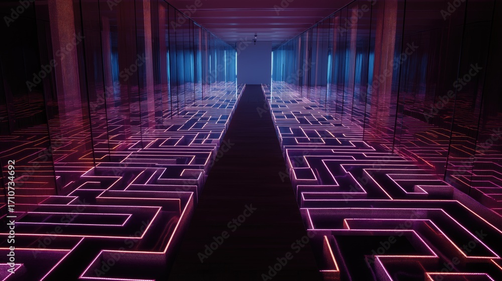 Poster algorithmic labyrinth of glowing holographic pathways