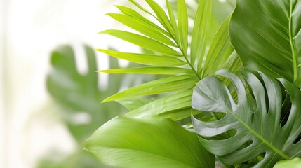 Vibrant Green Tropical Leaves: A captivating cluster of vivid tropical leaves, bursting with freshness and life, showcasing the intricate details and various shades of green.