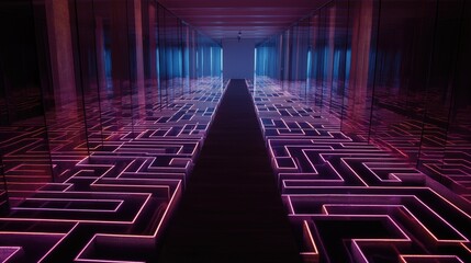 Algorithmic labyrinth of glowing holographic pathways