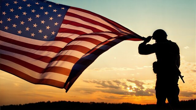 Silhouette of Soldier Saluting American Flag at Sunset Honoring Veterans and Patriotic Symbolism - Powered by Adobe