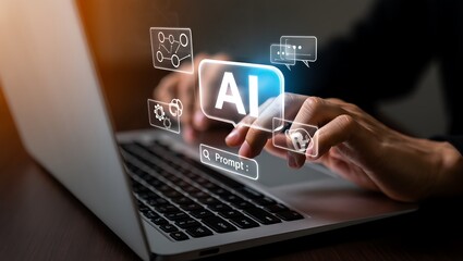 Close up of person typing on laptop with glowing ai hologram over keyboard