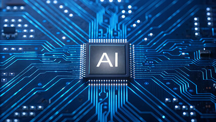 Close up of a glowing central ai microchip on a complex blue circuit board with intricate pathways and connections