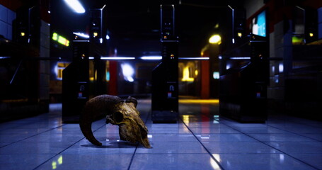 A weathered animal skull rests on glossy tiles in a dimly lit arcade. Abandoned gaming machines stand in the shadows, creating an eerie and intriguing atmosphere. © icetray