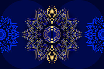 Abstract deep blue mandala background with golden star motifs and glowing circular patterns
