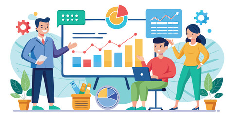 Business Data Analytics Concept. Vector illustration in flat style of a close-up group of people analyzing tabs with graphs and statistics. Isolated on background