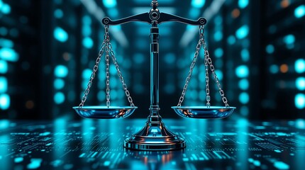 Digital law and justice concept with scales of justice on a futuristic technology background design