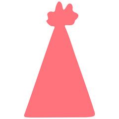 Digital art: A solid pink party hat with a fluffy pom-pom sits centered against a stark white background, casting a playful, cheerful mood.
