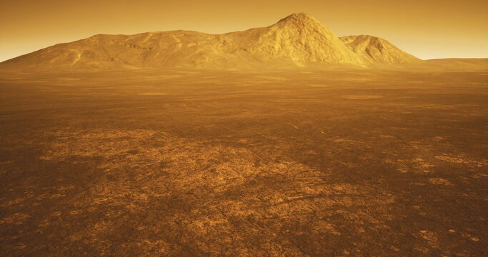 A stunning view of the surface of Venus features rocky mountains rising against a golden hued sky, with expansive flatlands stretching into the distance, creating an otherworldly atmosphere at dusk.