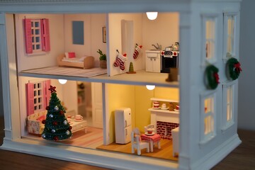 Cozy illuminated dollhouse with miniature furniture and christmas tree details