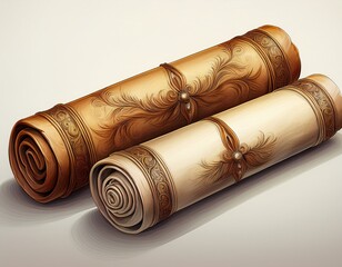 two rolled scrolls rest horizontally on a white surface