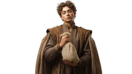 Young nobleman full body on transparent background, biblical rich ruler in elegant robe standing confidently, isolated New Testament character PNG.