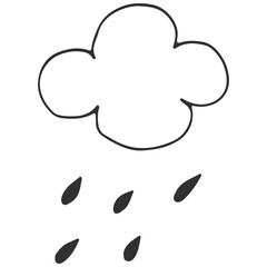 A simple line drawing of a fluffy white cloud with five dark raindrops falling below, isolated on a white background, creating a minimalist, calm mood.
