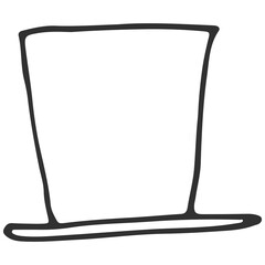 Doodle-style, stark white background features a hand-drawn, simple black top hat with a flat brim, creating a minimalist, whimsical, and isolated illustration.
