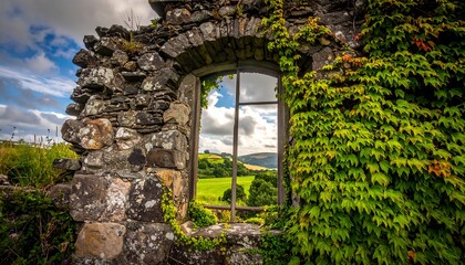A weathered stone wall with a glimpse of a scenic landscape through a decaying window reveals a peaceful rural vista.