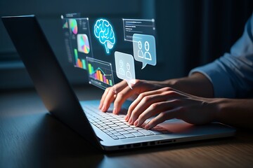 Hands typing on laptop displaying futuristic ai and data analytics interfaces glowing brightly