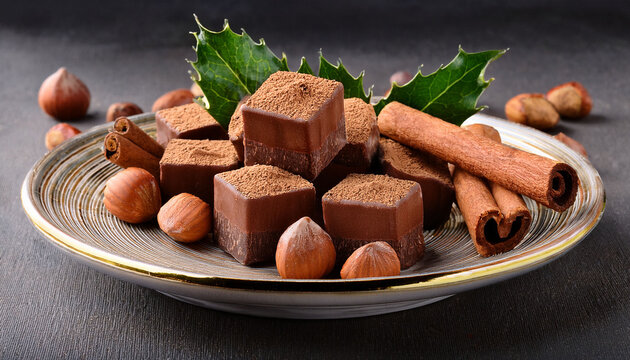 Rich Chocolate Dessert Cubes Garnished With Crushed Hazelnuts Cinnamon Sticks And Fresh Greenery For Holiday Treats Or Festive Celebrations
