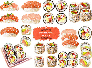 Vector watercolor painted sushi and rolls