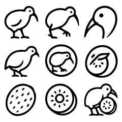 Simple Line Art Illustrations of Kiwis and Kiwi Fruit.