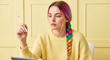 A young woman with brightly colored hair braided and holding a stylus, looking thoughtfully at a tablet.