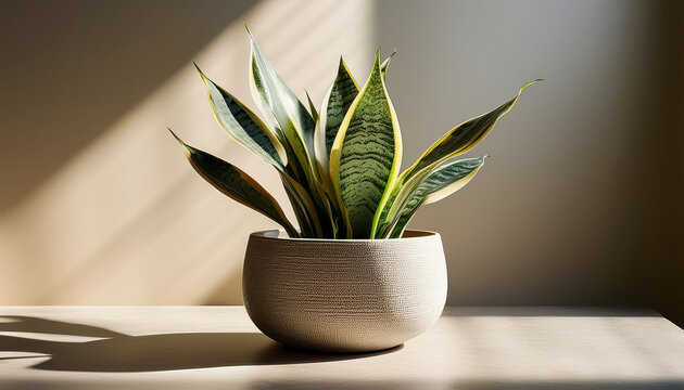 Variegated Snake Plant In Ceramic Pot Radiating Tranquility Through Play Of Light And Shadow With Neutral Background