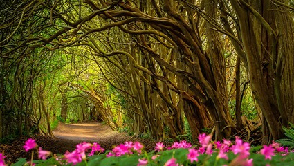Enchanted Forest Path with Lush Green Trees and Pink Flowers Scenery