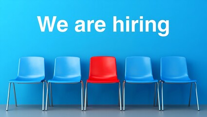 We are hiring announcement with brightly lit text and rows of chairs symbolizing opportunity