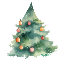 Christmas tree with toys, watercolor style, for packaging, cards and graphic design. Vector.
