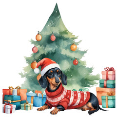 Dachshund dog in New Year's clothes, Christmas tree with toys, gifts with bows, in watercolor style, for packaging, cards and graphic design. Vector.