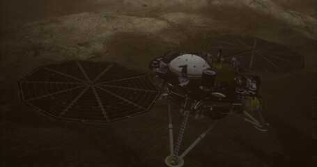 A robotic spacecraft is at work on the rocky surface of Mars, utilizing its solar panels to harness energy. Instruments are analyzing soil and atmosphere in this distant, alien landscape. © icetray