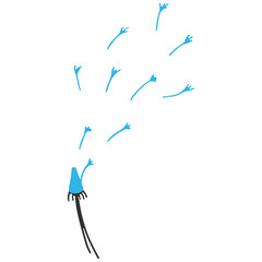 Stylized blue dandelion shedding seeds, black stem, white background, whimsical illustration, bright light, airy ambiance, seeds floating upwards, simple design, close-up view, cheerful mood.
