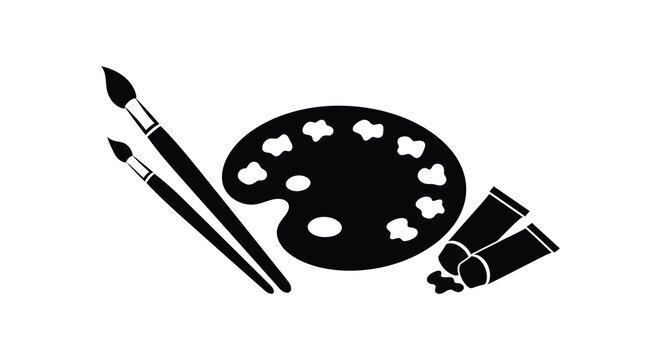 Black and white icon depicting painting tools brushes palette and paint